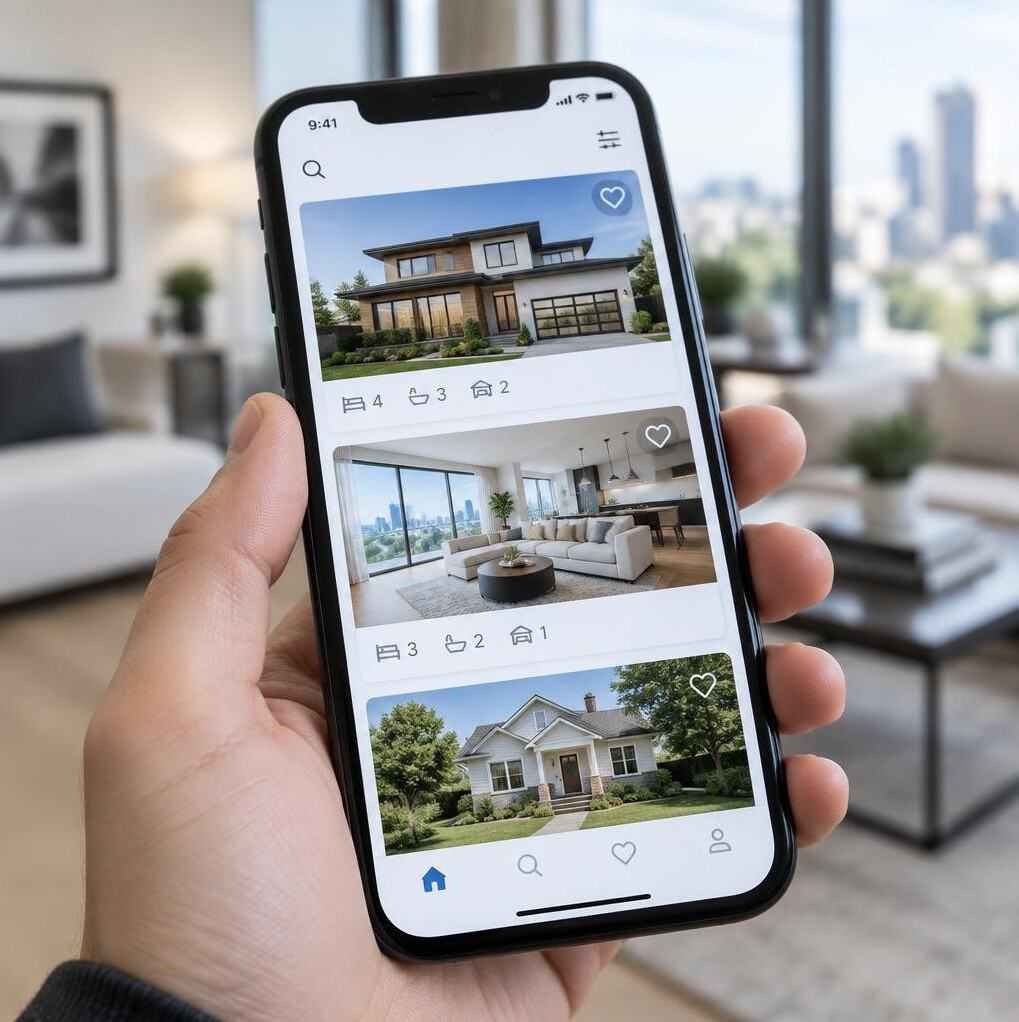 Smartphone displaying a real estate browsing application interface