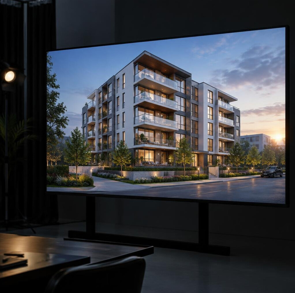 Architectural digital rendering displayed on a large screen