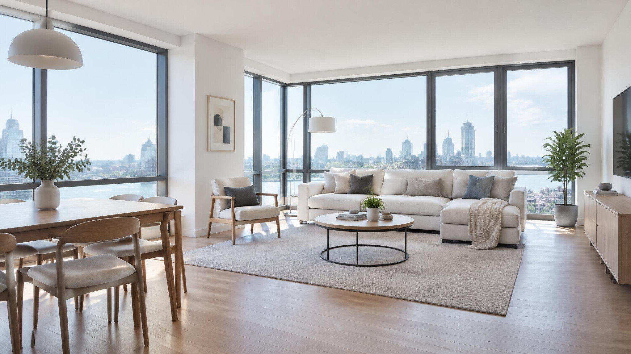 Modern apartment living space with large windows and natural light