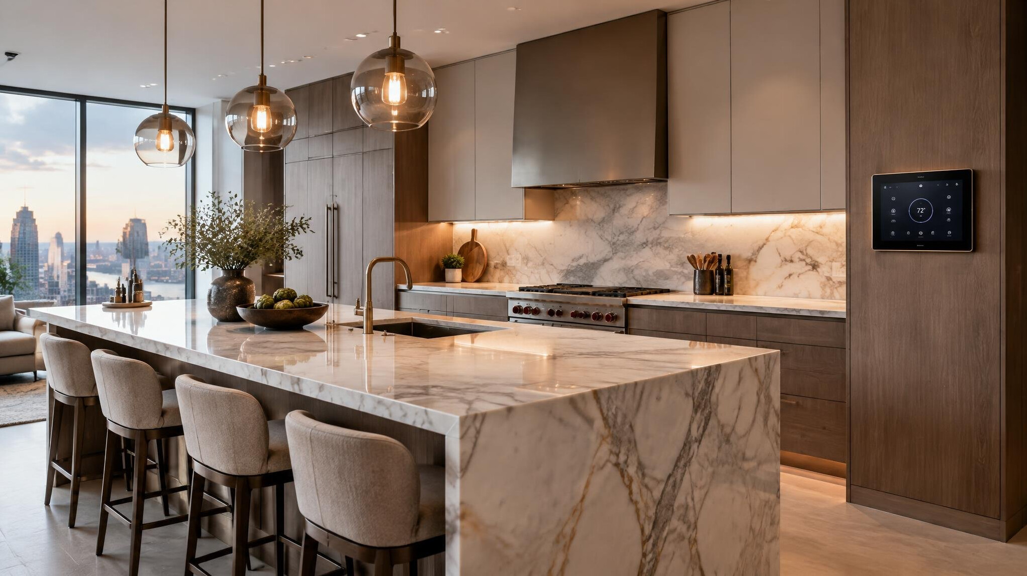 Modern luxury apartment kitchen with marble counters and a digital control panel