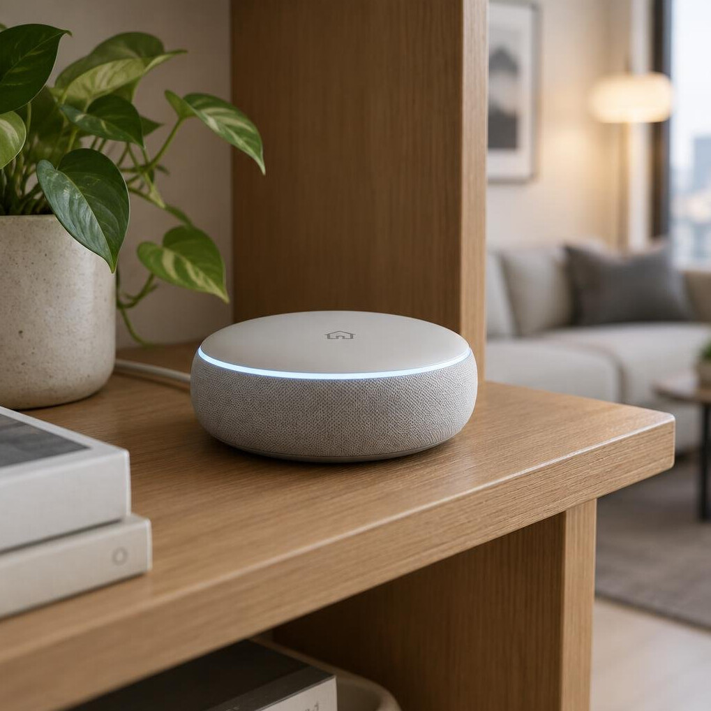 Smart home hub device on a wooden shelf