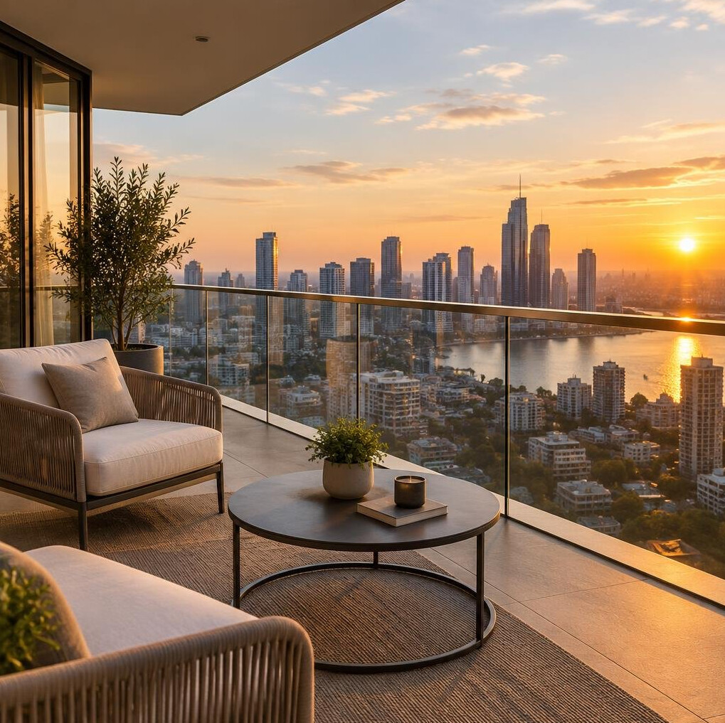 Luxury apartment balcony with panoramic city view