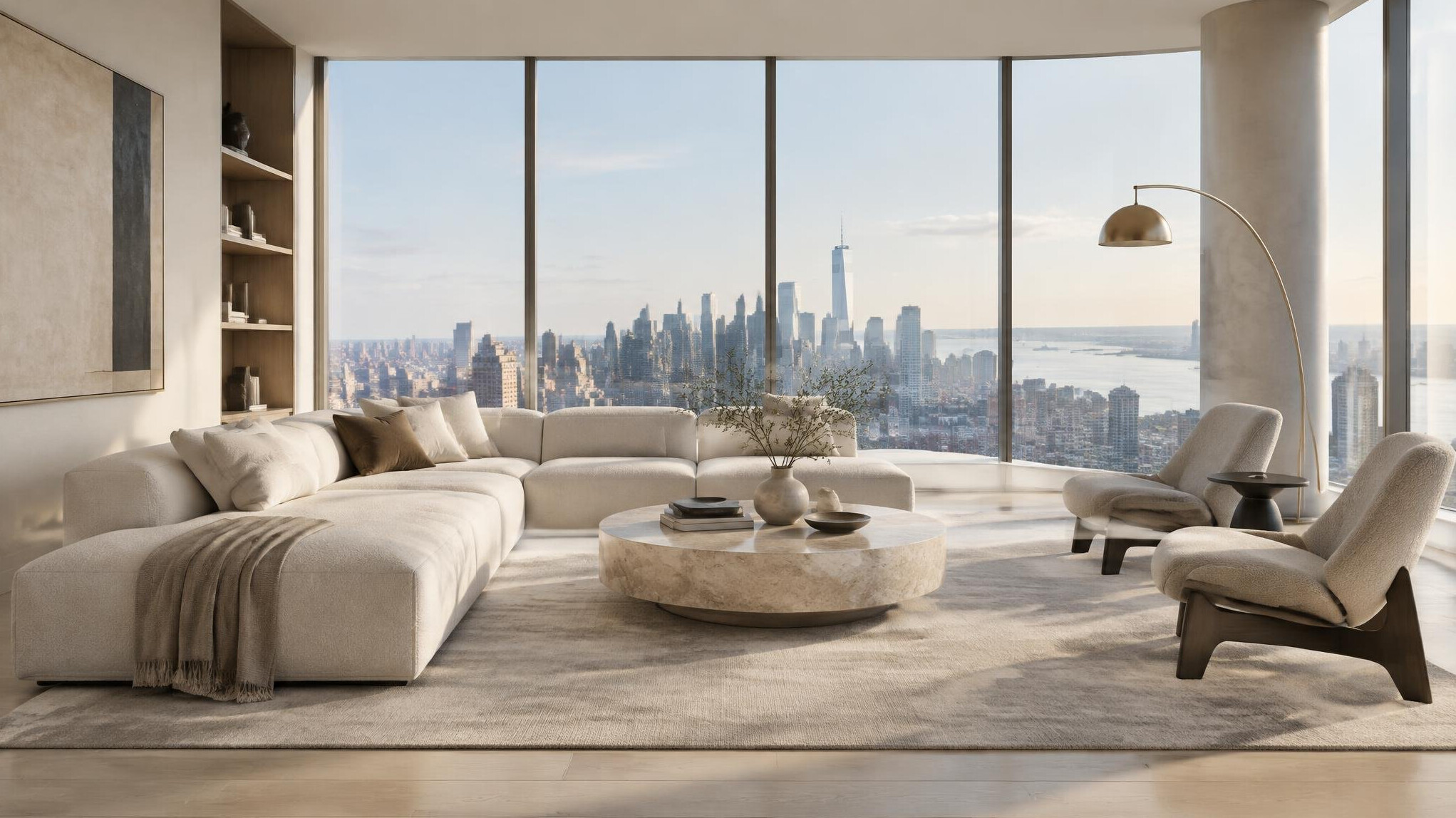 Minimalist living room with floor to ceiling windows and city skyline view