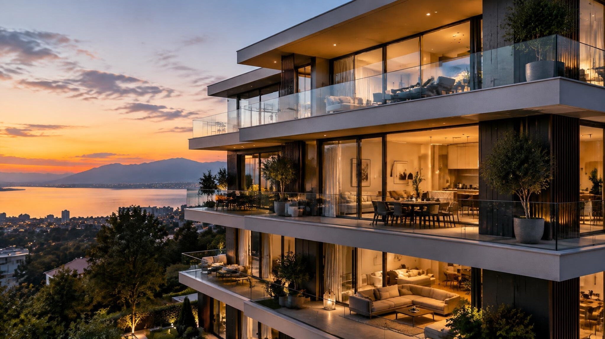 Modern luxury apartment building exterior at dusk with glass balconies