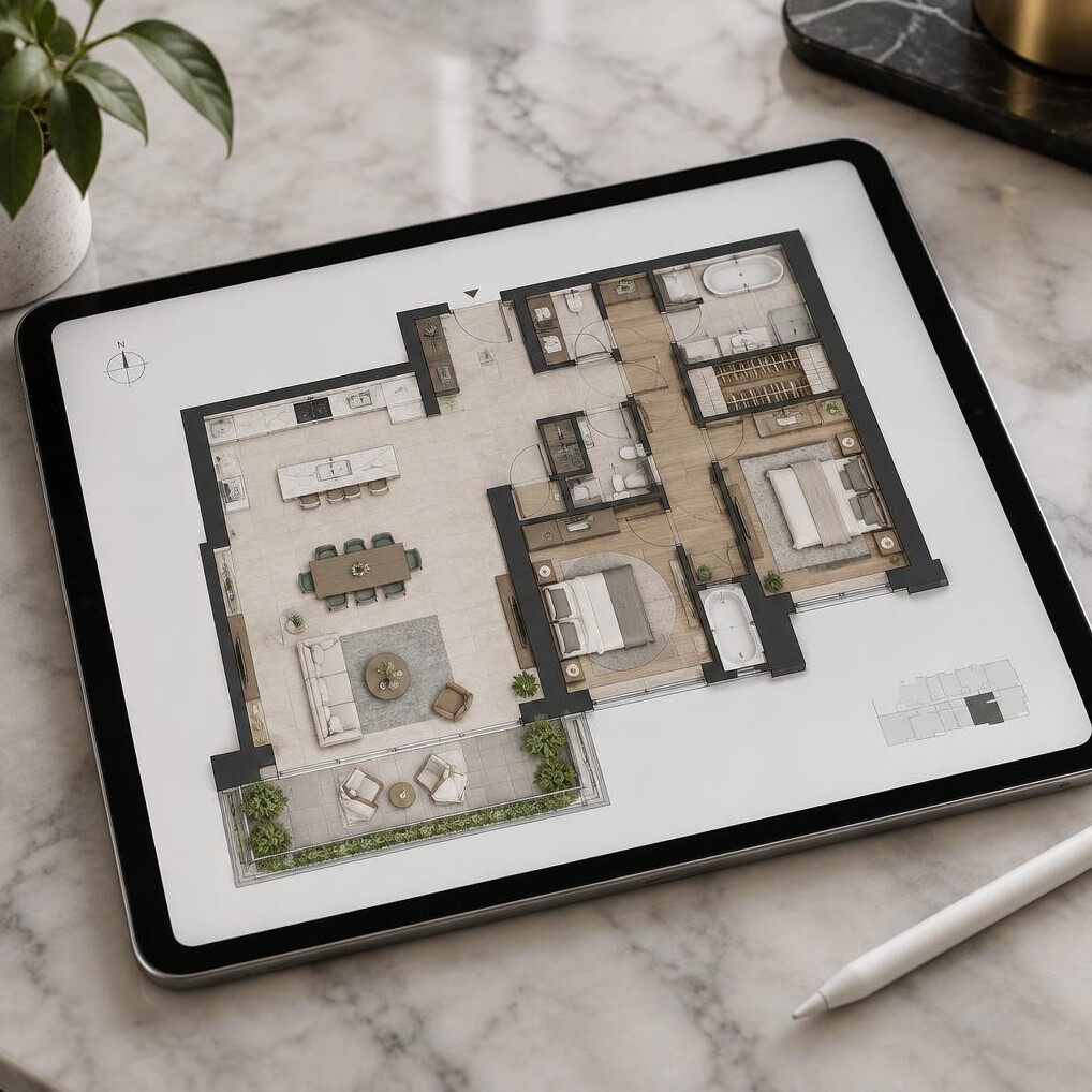 Digital tablet displaying an apartment floor plan on a marble table